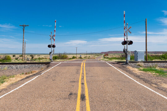 A railroad crossing in a rural area of the State of New Mexico, USA.,