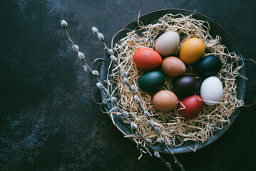 Vintage iron tray full of colorful Easter eggs with hay and spring branch on a dark rustic background. Top view with copy space.