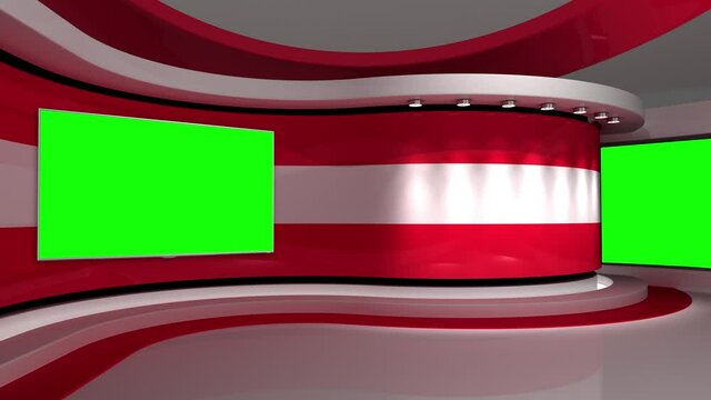 TV studio. Austria. Austrian flag. News studio.  Loop animation. Background for any green screen or chroma key video production. 3d render. 3d 