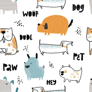 Vector hand-drawn color seamless repeating childish simple pattern with cute dogs and lettering on a white background. Trendy scandinavian vector background. Dogs print. Cute animals. Pets.