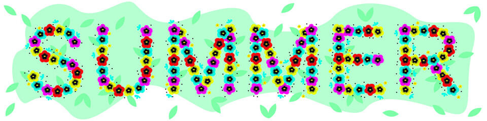 Vector graphics - the word summer written in colorful bright flowers isolated on a pastel mint background with green leaves
