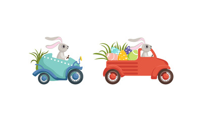 Little Bunny Driving Vehicle Carrying olored Easter Eggs Vector Set