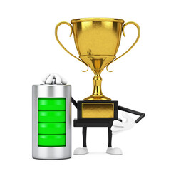 Golden Award Winner Trophy Mascot Person Character with Abstract Charging Battery. 3d Rendering
