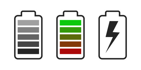 Set battery indicator icon, symbol battery with different color and charging logo