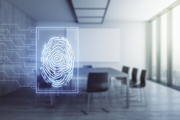 Abstract virtual fingerprint hologram on a modern conference room background. Multiexposure