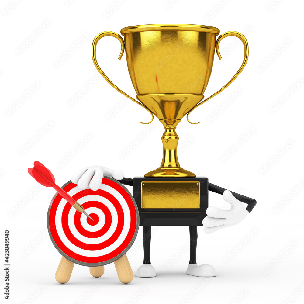 Poster golden award winner trophy mascot person character with archery target and dart in center. 3d render