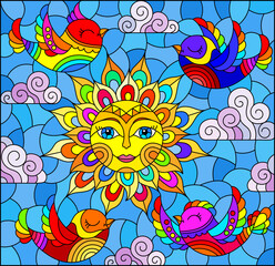 Fototapeta na wymiar Illustration in stained glass style with bright cute birds and a sun on a background of blue sky, rectangular image
