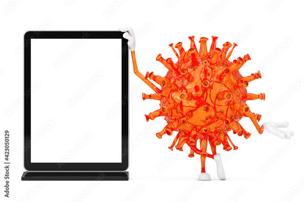 Poster cartoon coronavirus covid-19 virus mascot person character with blank trade show lcd screen display 
