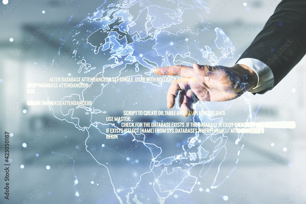 Poster man hand working with abstract virtual coding concept and world map on blurred office background. mu