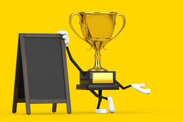 Golden Award Winner Trophy Mascot Person Character with Blank Wooden Menu Blackboards Outdoor Display. 3d Rendering