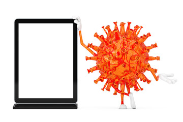 Cartoon Coronavirus COVID-19 Virus Mascot Person Character with Blank Trade Show LCD Screen Display Stand as Template for Your Design. 3d Rendering