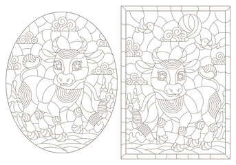 A set of contour illustrations in a stained glass style with cute cartoon cows, dark outlines on a white background