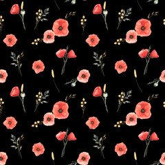 Seamless pattern with red poppies and wild herbs on black isolated background. Elegant watercolor illustration. Beautiful design for fabric, wallpaper, wrapping paper and more.