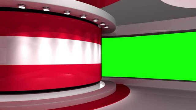 TV studio. Austria. Austrian flag. News studio.  Loop animation. Background for any green screen or chroma key video production. 3d render. 3d 