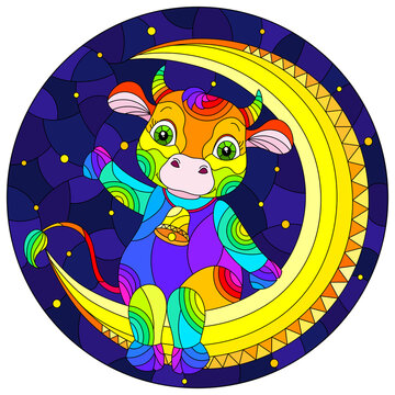 Stained glass illustration with a cartoon rainbow cute cow on a night sky background , round image