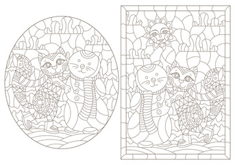 Set of contour illustrations in a stained glass style with cute cartoon kittens and snowmans on a winter landscape background, dark outlines on a white background