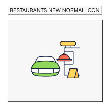 Drive In Dining Color Icon. Food Ordering At Distance. Regulation Through Covid19. Restaurants New Normal Concept. Isolated Vector Illustration