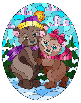 Stained glass illustration with a pair of cute cartoon  bears against a winter landscape, oval image