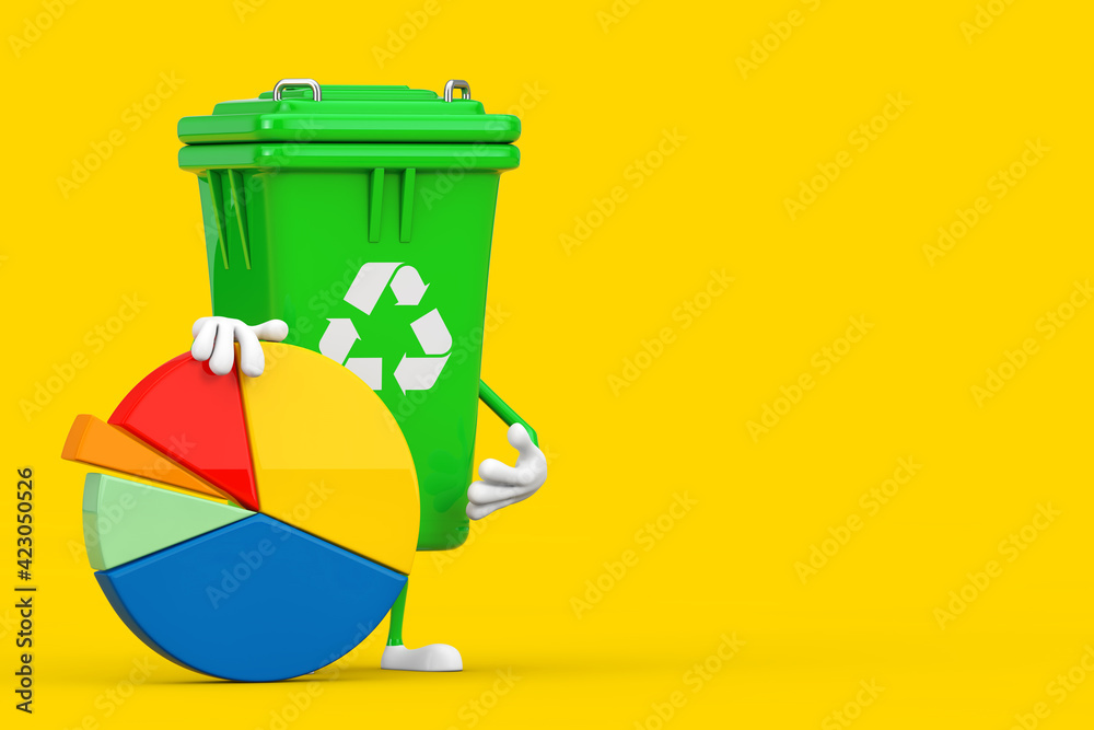 Poster recycle sign green garbage trash bin character mascot with info graphics business pie chart. 3d rend