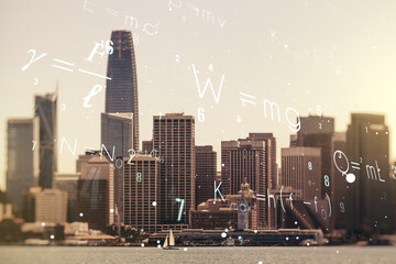 Scientific formula hologram on San Francisco office buildings background, research concept....