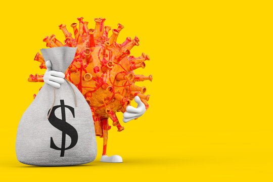 Cartoon Coronavirus COVID-19 Virus Mascot Person Character with Tied Rustic Canvas Linen Money Sack or Money Bag and Dollar Sign. 3d Rendering