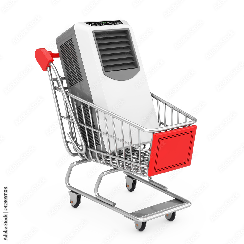 Poster portable mobile room air conditioner in shopping cart trolley. 3d rendering