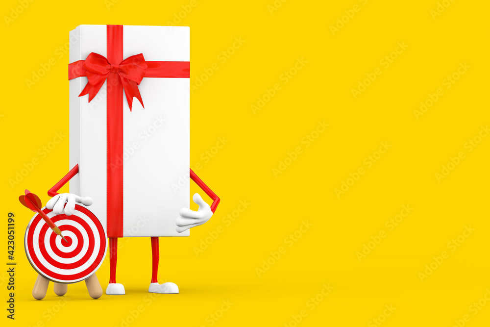 Poster white gift box and red ribbon character mascot with archery target with dart in center. 3d rendering