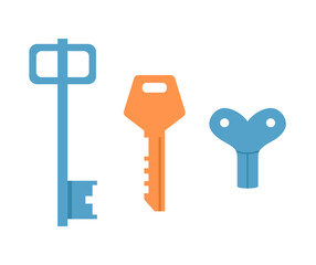 Set of three keys of different shape from big to small. Vector isolated on white.