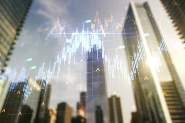 Double exposure of abstract financial graph with world map on office buildings background, financial and trading concept