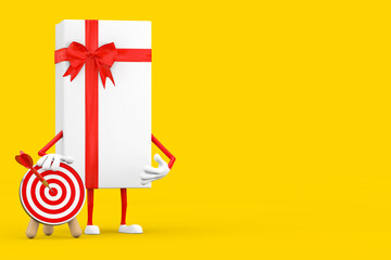 White Gift Box and Red Ribbon Character Mascot with Archery Target with Dart in Center. 3d Rendering