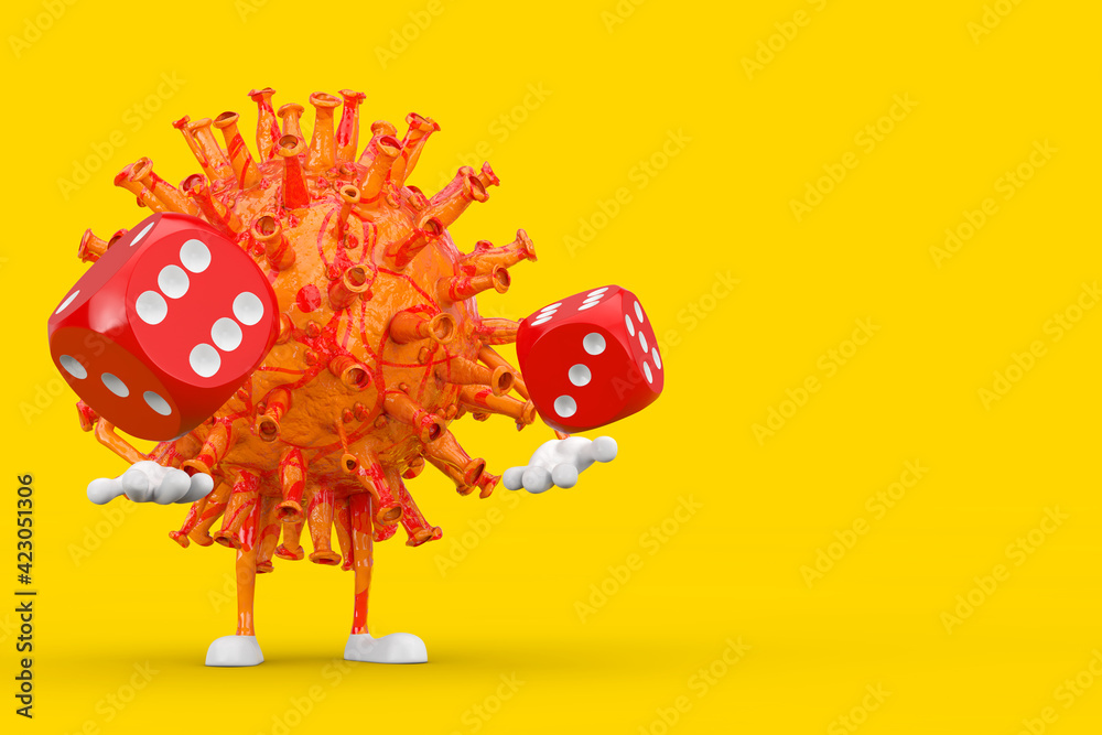 Poster cartoon coronavirus covid-19 virus mascot person character with red game dice cubes in flight. 3d re