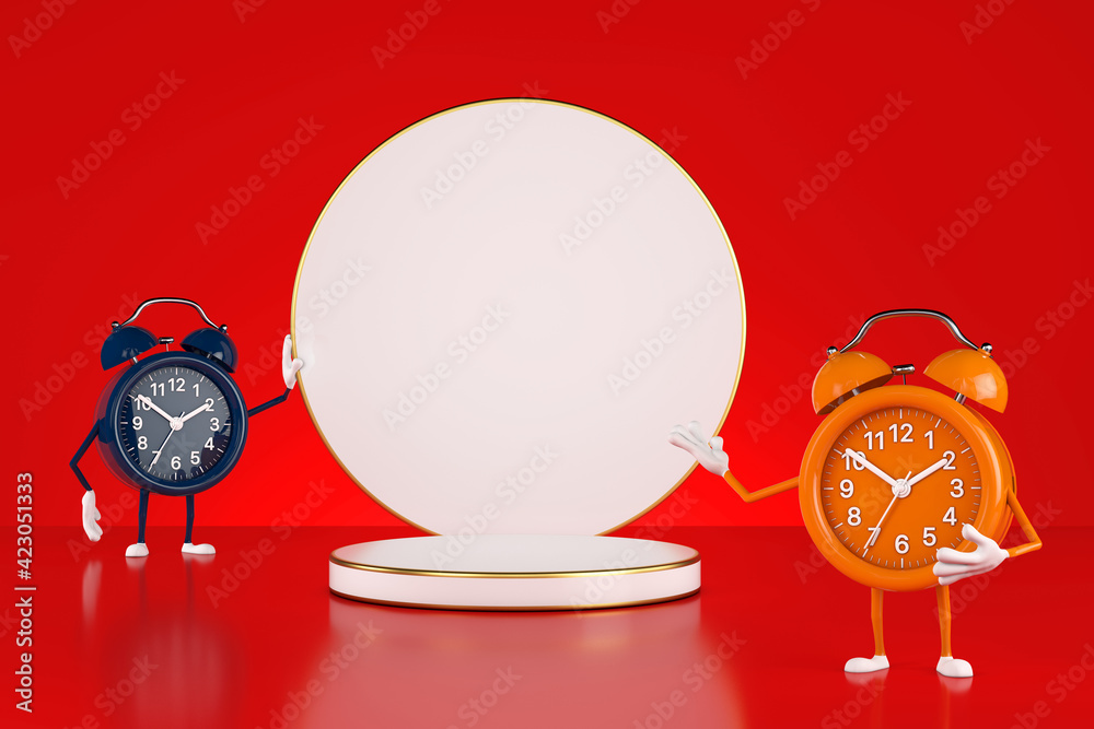 Poster white cylinders products stage pedestal with alarm clock mascot characters. 3d rendering