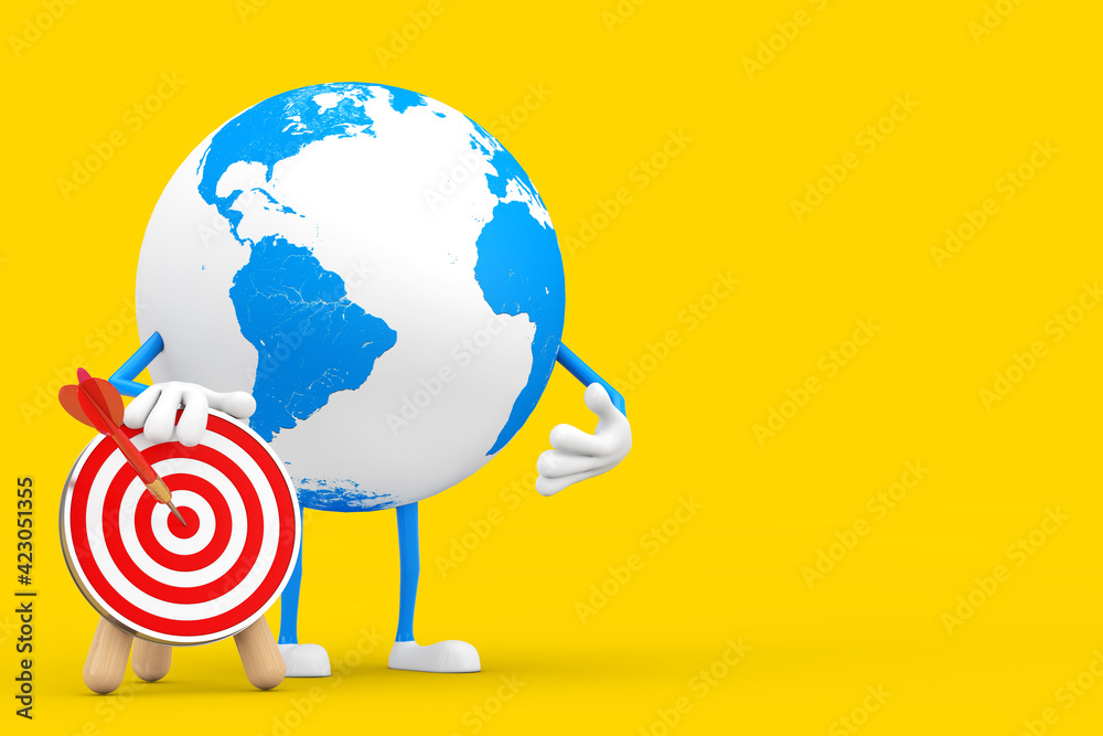 Fototapete earth globe character mascot with archery target with dart in center. 3d rendering