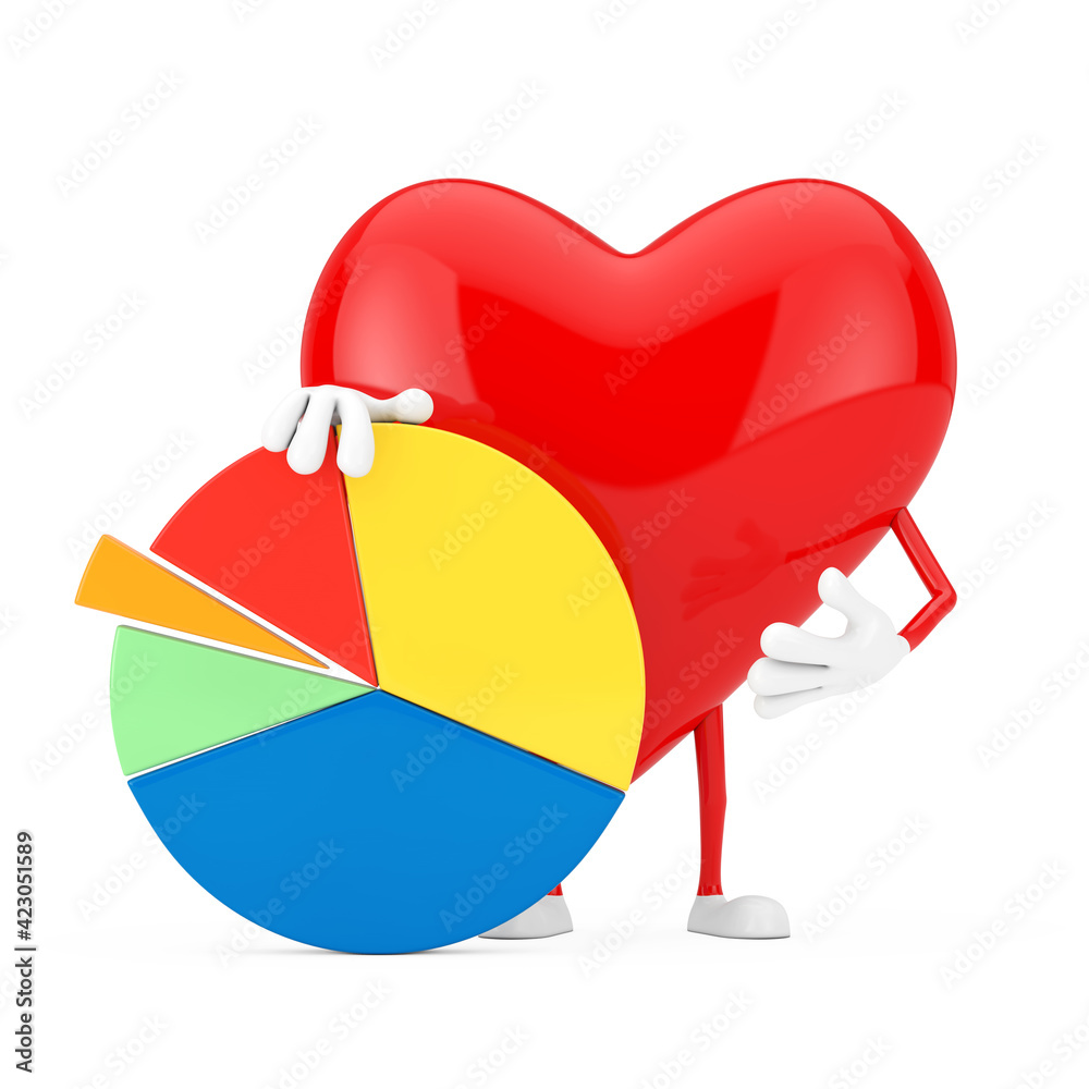 Leinwandbilder red heart character mascot with info graphics business pie chart. 3d rendering
