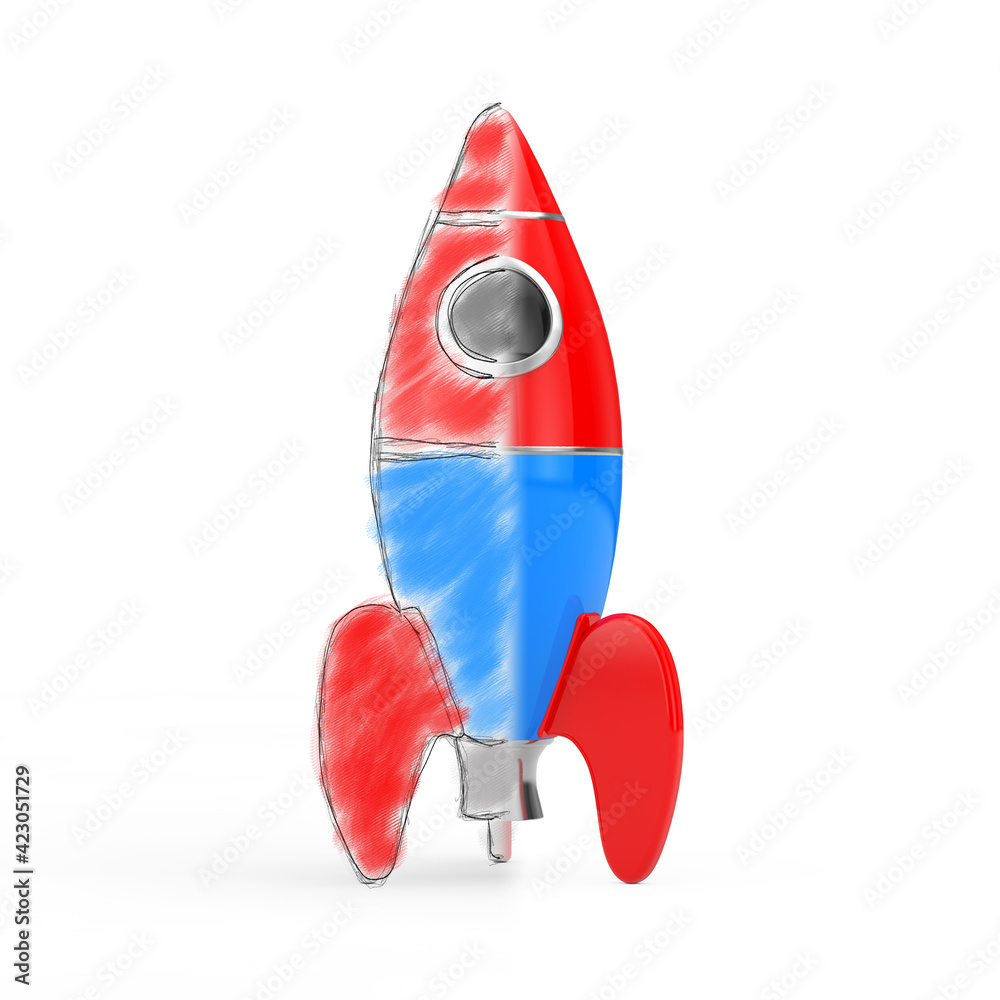 Aufkleber bring idea to life concept. rocket from children sketch to real model. 3d rendering