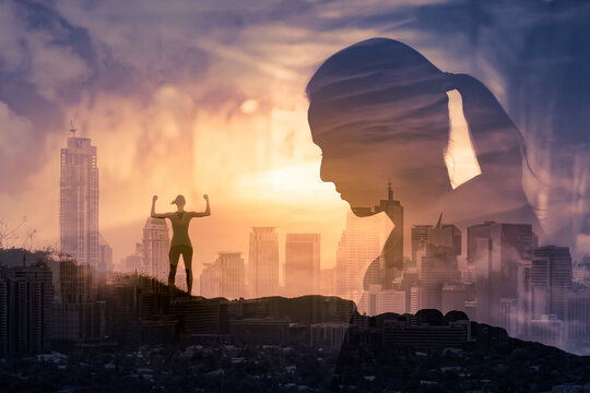 Young woman finding happiness being rescued from mental fears, sadness and despair. 