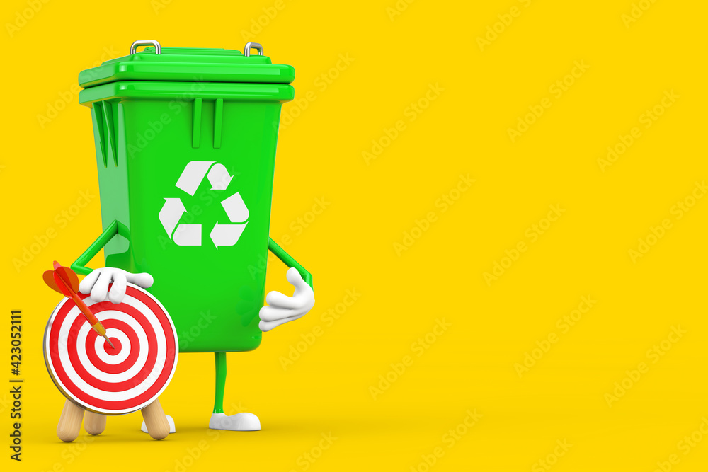 Fototapete Recycle Sign Green Garbage Trash Bin Character Mascot with Archery Target with Dart in Center. 3d Rendering
