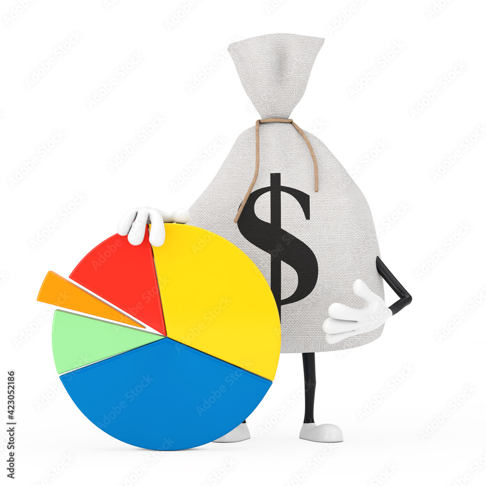 Leinwandbilder tied rustic canvas linen money sack or money bag and dollar sign character mascot with info graphics