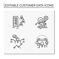 Customer data platform line icons set. Client database, measurement analytics, predictions, events. Customer data concepts. Isolated vector illustrations.Editable stroke
