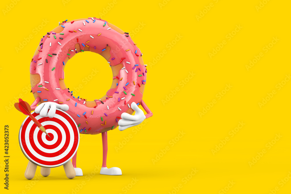 Aufkleber big strawberry pink glazed donut character mascot with archery target with dart in center. 3d render