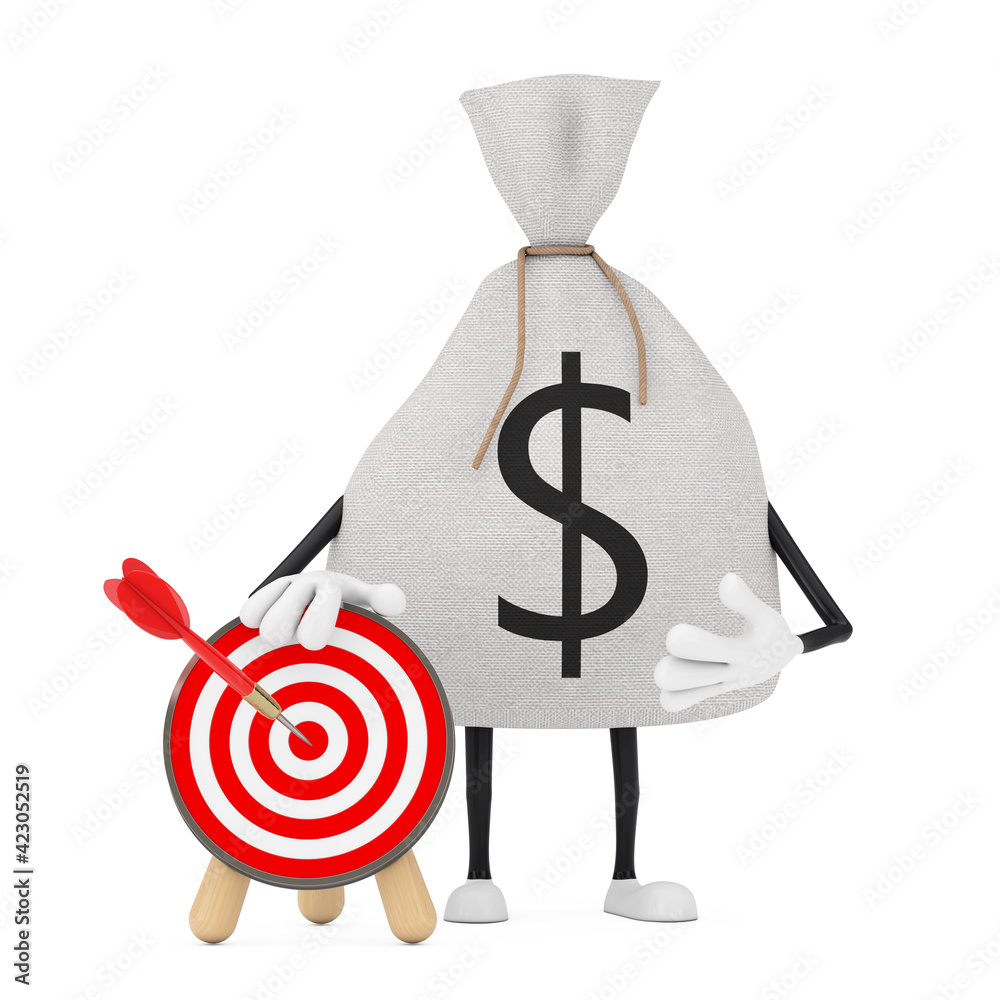Fototapete tied rustic canvas linen money sack or money bag and dollar sign mascot character with archery targe