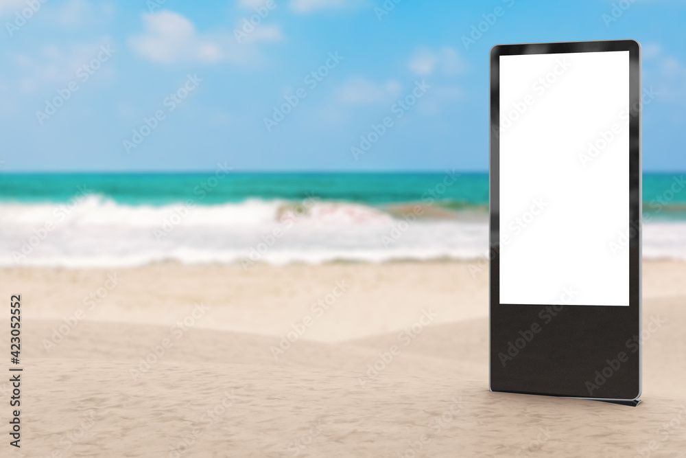 Poster blank trade show lcd screen stand as template for your design on the ocean or sea sand beach. 3d ren