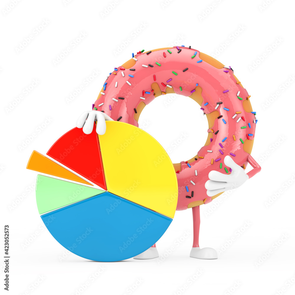 Aufkleber big strawberry pink glazed donut character mascot with info graphics business pie chart. 3d renderin