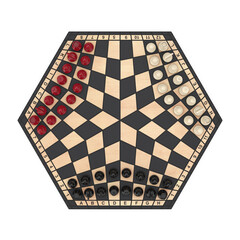 Three Players Hexagonal Chessboard with Chess. 3d Rendering