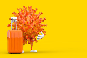 Cartoon Coronavirus COVID-19 Virus Mascot Person Character with Orange Travel Suitcase. 3d Rendering