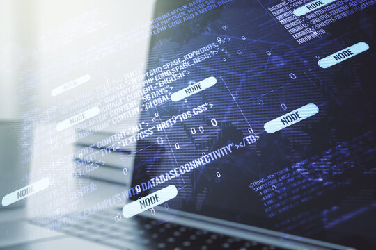 Abstract creative coding concept with world map on modern laptop background. Multiexposure