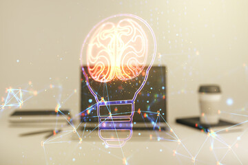 Creative light bulb illustration with human brain on modern computer background, future technology concept. Multiexposure