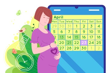 Pregnancy medical appointment. Pregnant happy beautiful young woman makes an appointment with a doctor using a calendar. Flat cartoon vector illustration of a woman awaiting the birth of a child.