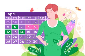 Pregnancy medical appointment. Pregnant happy beautiful young woman makes an appointment with a doctor using a calendar. Flat cartoon vector illustration of a woman awaiting the birth of a child.