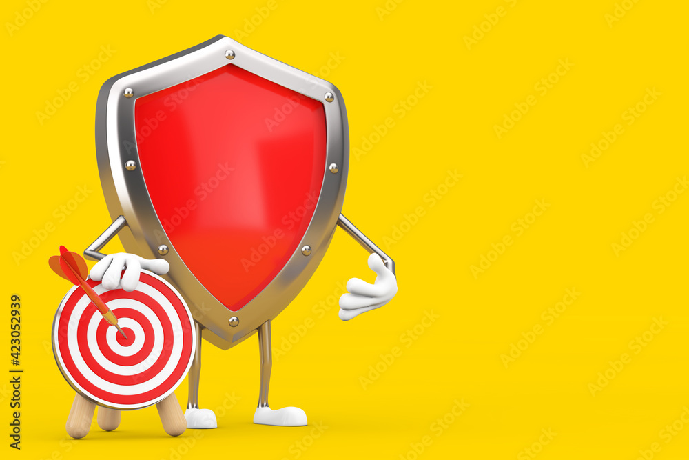 Fototapete red metal protection shield mascot character with archery target and dart in center. 3d rendering